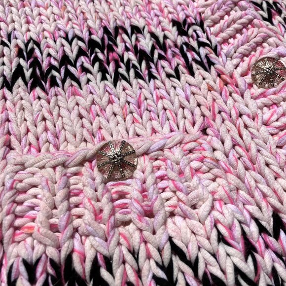 CHANEL Chunky Cable Knit Cotton Cardigan Sweater Jacket Pink Black Size 36 L XL - Picture 8 of 14
